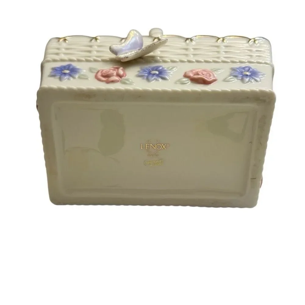 Lenox Porcelain Ivory Spring Garden Basket Blue Pink Floral 3D Butterfly Gold